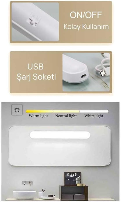 Cata Martı Cabınet Şarjlı Kolay Taşınabilir Mıknatıslı Led Işık Kablosuz Kademeli 3 Renk Aplik